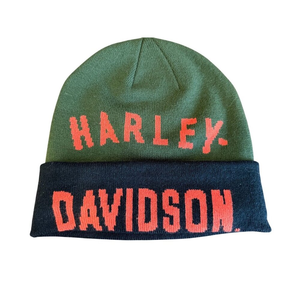 Harley-Davidson Green & Black Knit Beanie‎ Hat With Fold-Over Cuff